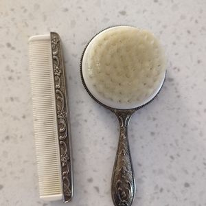 Vintage Ornate Silver plated Brush & Comb set with ivory color plastic teeth